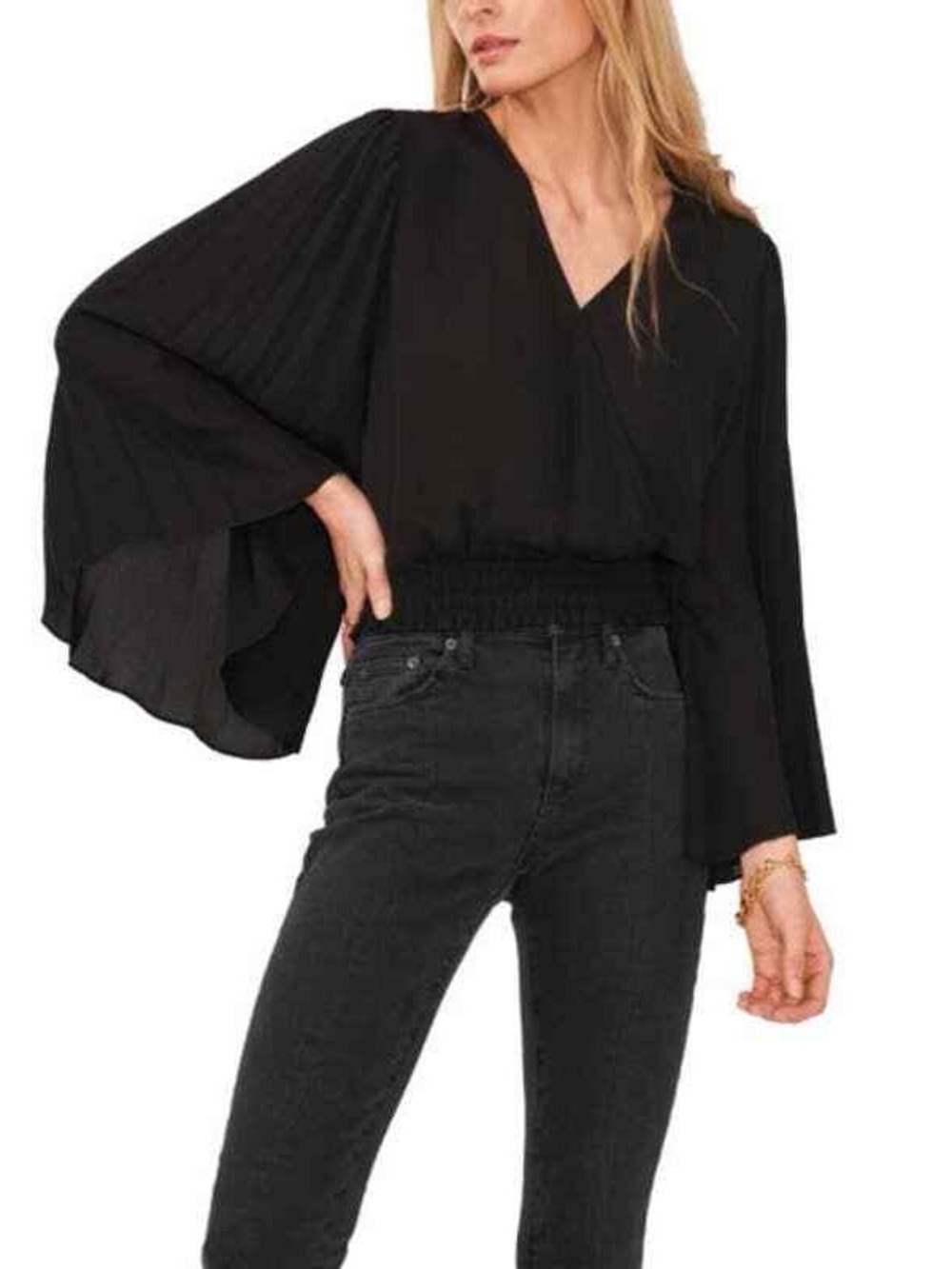 Vince Camuto Black Pleated Long Sleeve V-Neck Top